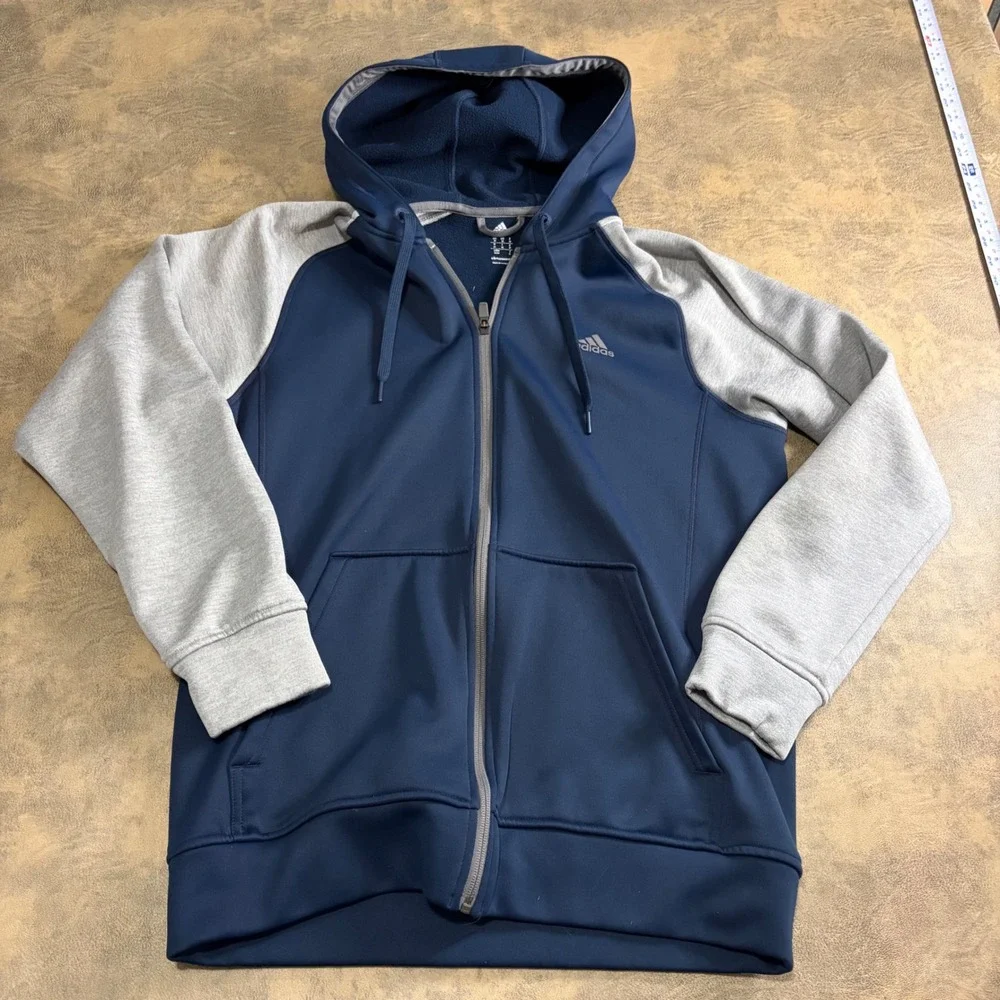 Adidas Full Zip Hoodie Mens Size‎ M Blue Gray Climawarm Fleece Raglan Jacket